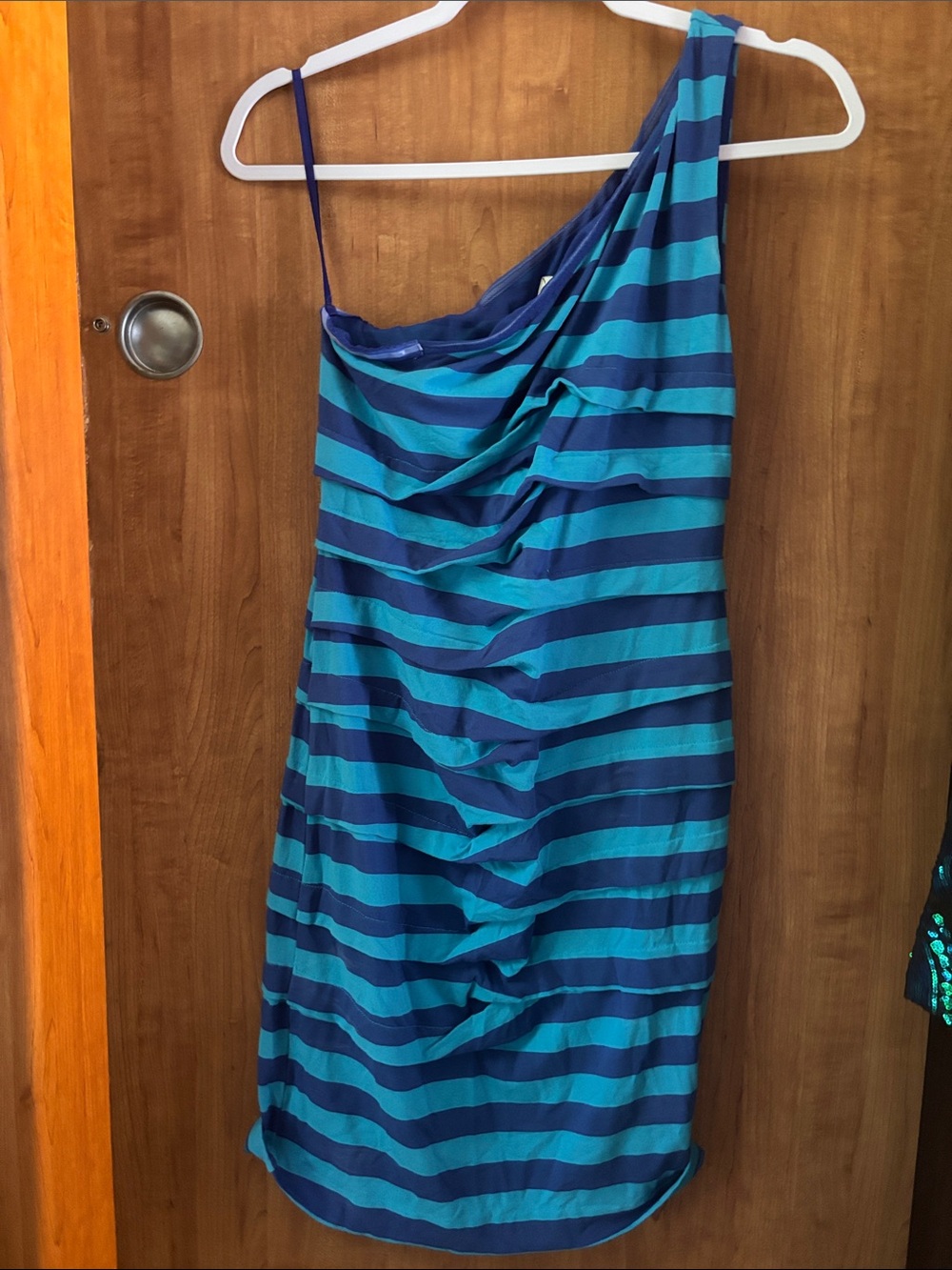 Nicole Miller Teal and Navy One-Shoulder Striped Dress